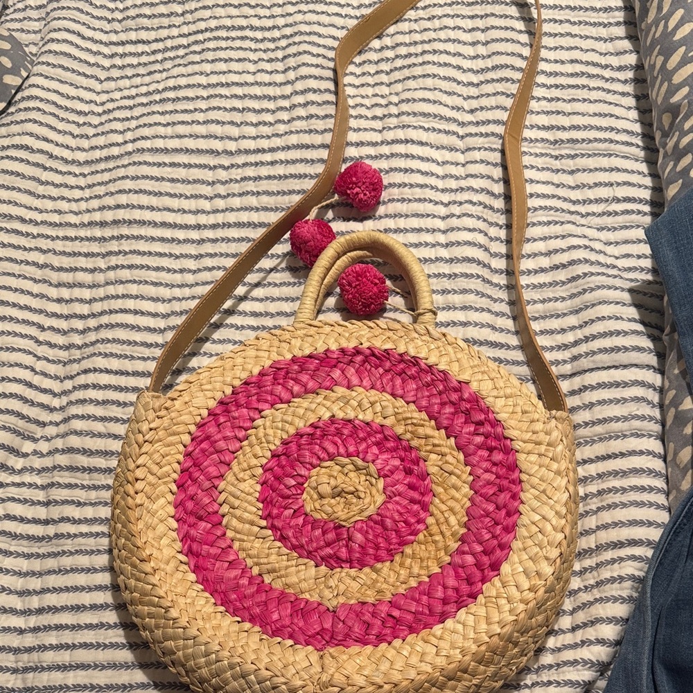 Pink and Tan Straw Circle Bag with Pom poms